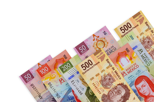 Mexican currency denominations banknotes, such as 500, 200, 100, 50, 20 peso bills national cash