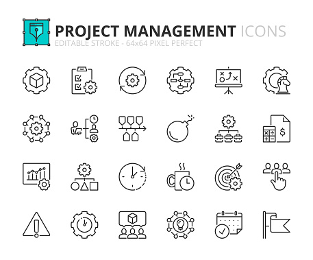 Line icons about project management. Contains such icons as workflow, task, to do list, timeline and deadline. Editable stroke Vector 64x64 pixel perfect