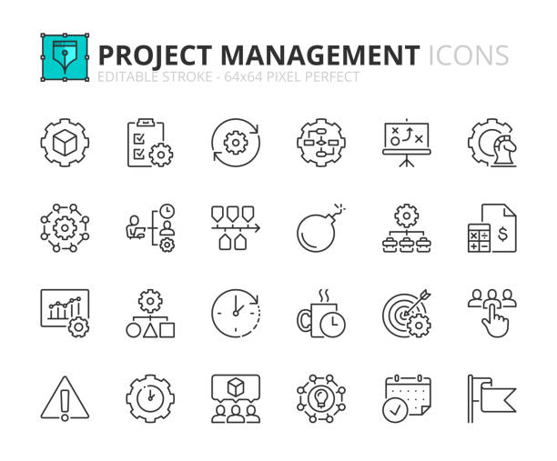 Line icons about project management. Pixel perfect 64x64 and editable stroke Line icons about project management. Contains such icons as workflow, task, to do list, timeline and deadline. Editable stroke Vector 64x64 pixel perfect time danger stock illustrations