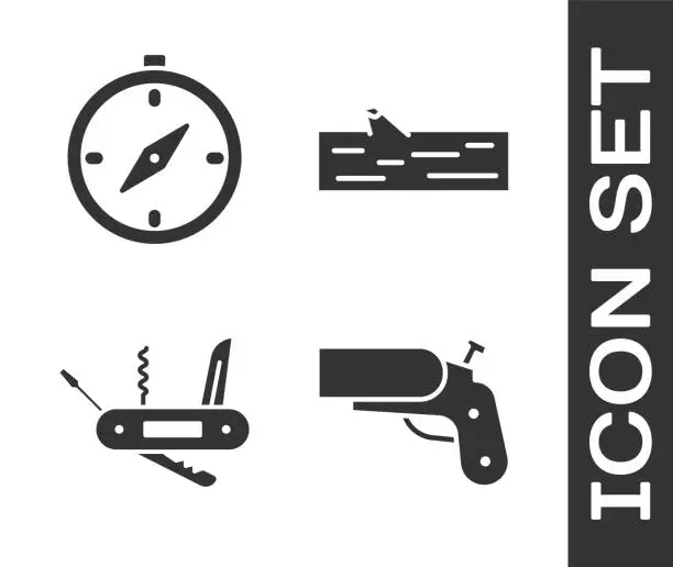 Vector illustration of Set Flare gun pistol, Compass, Swiss army knife and Wooden log icon. Vector