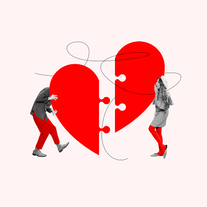 Love connect. Young pretty girl find puzzle for half of her heart. Creative art collage. Destiny meeting. Concept of Happy Valentine's Day, 14th of February, love. Poster, template for card