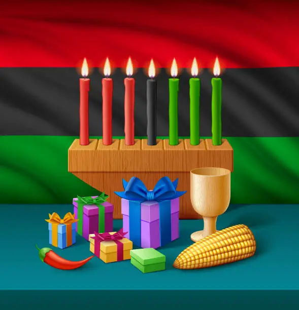 Vector illustration of Kwanzaa Illumination, Unity in Candles, Fruits, and Gifts