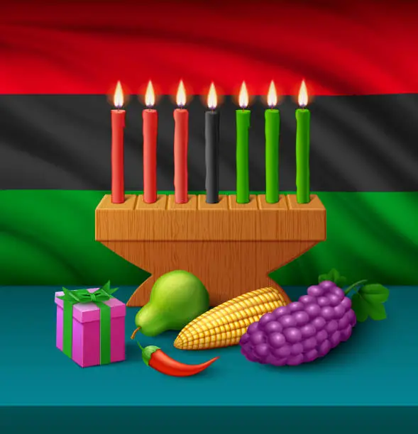 Vector illustration of Kwanzaa Illumination, Unity in Candles, Fruits, and Gifts