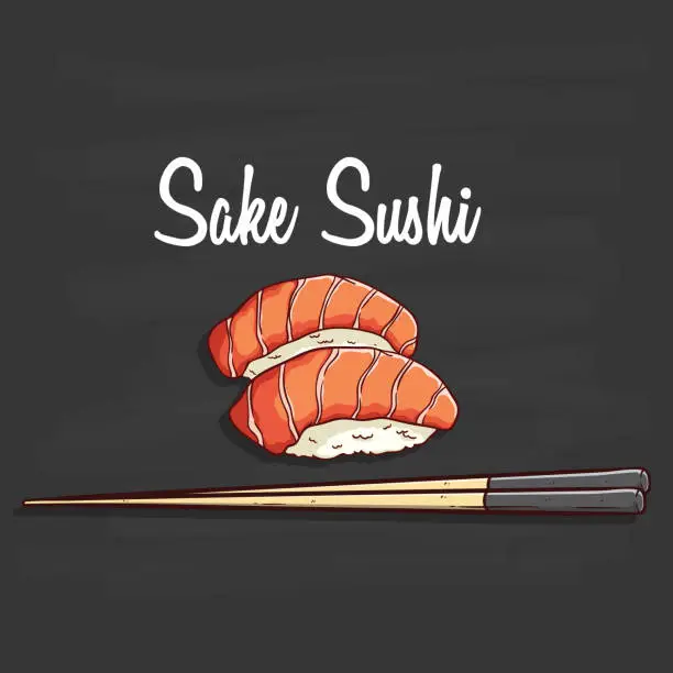 Vector illustration of delicious japanese sushi with chopstick on chalkboard background