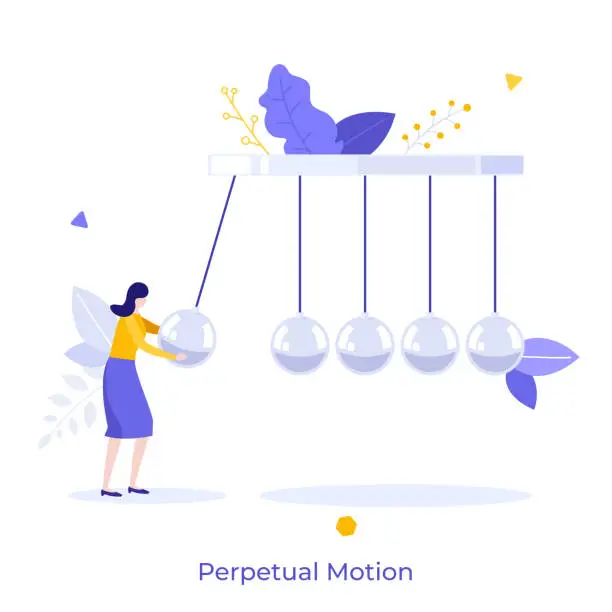 Vector illustration of Woman using Newton's cradle or pendulum with swinging spheres. Concept of perpetual motion machine, kinetic energy, conservation of momentum. Modern flat vector illustration for banner, poster.