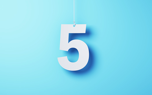 White number five 5 on blue background. Top view. 3D render.