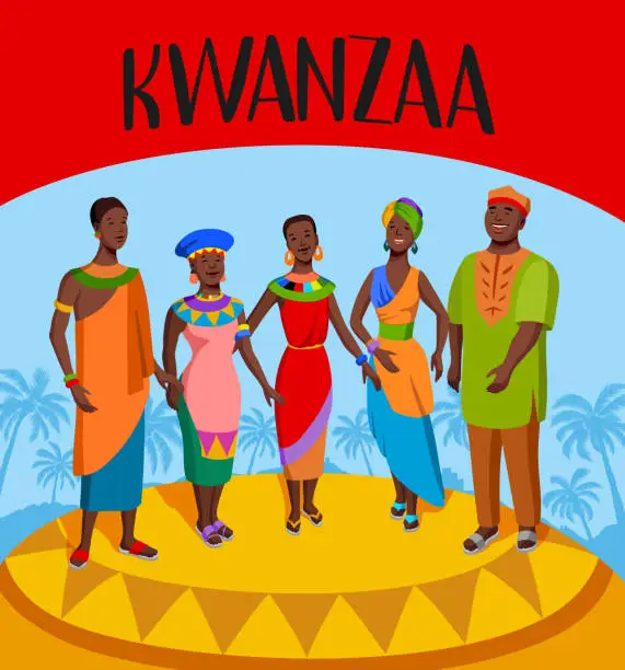 Vector illustration of African American People in Finery Celebrating Kwanzaa
