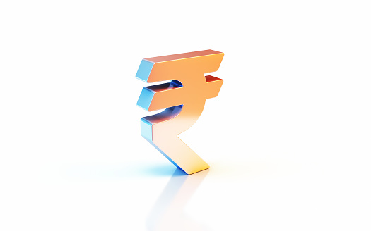 3d render indian Rupee Sign with Metallic Blue and Yellow Reflections, Object + Shadow Clipping Path, Can Be Used For Concepts Such As Business And Finance, Investment, Economy, Earnings.