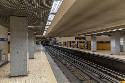 Lisbon, Portugal. 8 December 2023. Metro station in Lisbon. The blue line. Name of the subway station is Restauradores.