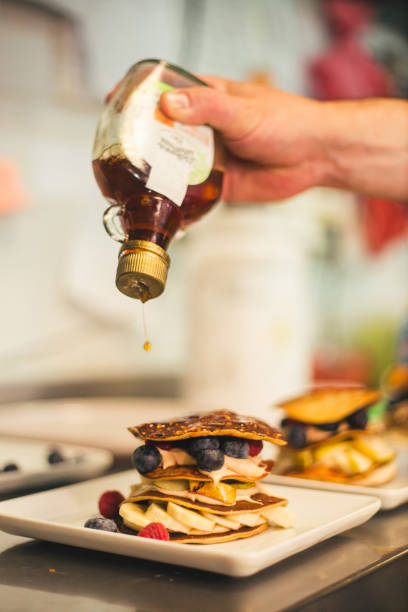 Making protein pancakes stock photo