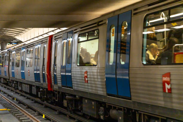 Lisbon, Portugal. 8 December 2023. Metro in Lisbon at a subway station. The blue line.