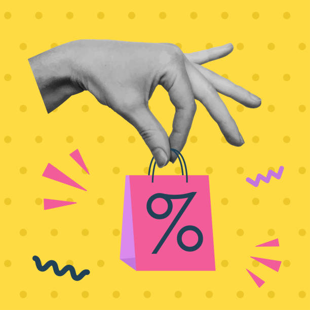 istock Shopping sale card with cut out hand holding paper bag. 1917363950