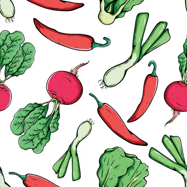 Vector illustration of hand draw radish, chili pepper and leek in seamless pattern