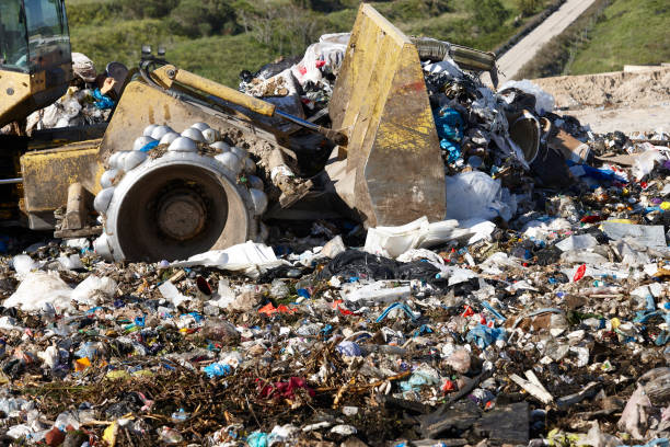 istock Heavy machinery shredding garbage in an open air landfill. Pollution 1917379585