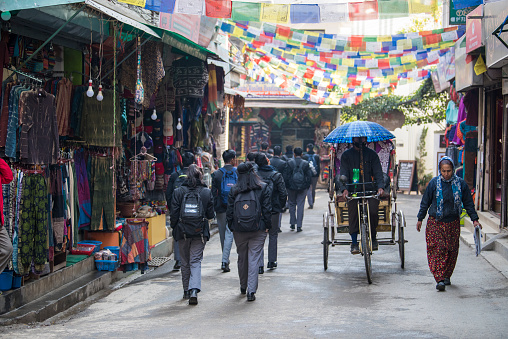 Kathmandu, Nepal - April 20,2019 :  In Nepal cycle rickshaws are still the most popular means of public transport for short-distance commuting.