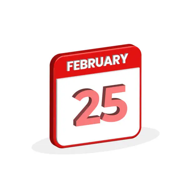Vector illustration of 25th February calendar 3D icon. 3D February 25 calendar Date, Month icon vector illustrator