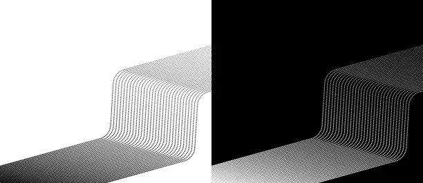 Vector illustration of Abstract background with halftone dots in flowing stream. Big Data or AI concept. Black shape on a white background and the same white shape on the black side.