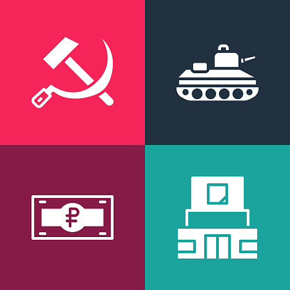 Set pop art Mausoleum of Lenin, Russian ruble banknote, Military tank and Hammer and sickle USSR icon. Vector.