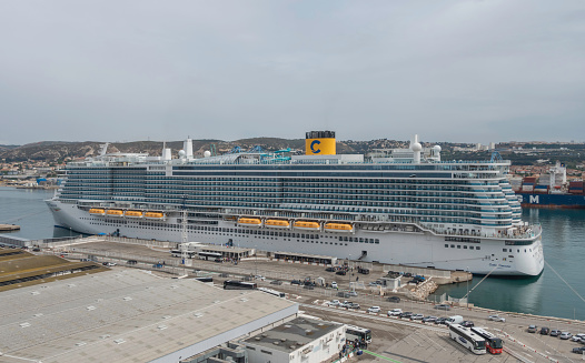 Marseille, France - May 20, 2023: View of the Costa Toscana, a Costa Cruises cruise ship calling at the port of Marseille.