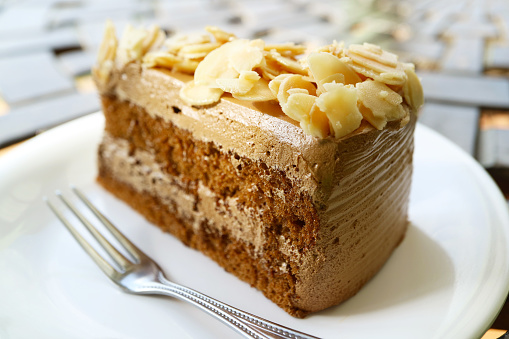 Closeup of a Slice of Mouthwatering Coffee Almond Cake