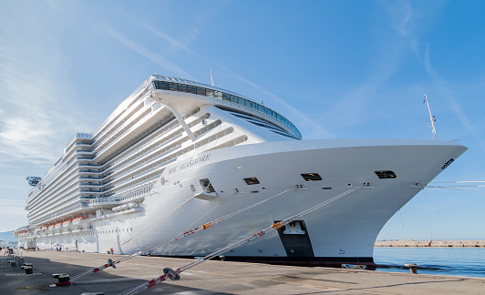 Marseille, France - April 10, 2023: View of the MSC Seashore cruise ship from MSC Crociere at the terminal in the port of Marseille.