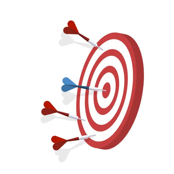 Vector illustration of Red darts missed hitting target and only blue one hits the center. Business challenge failure and success concept.