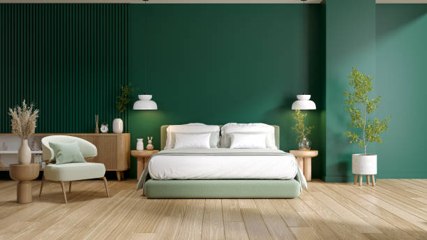 istock Bed room interior ,mid-century modern style ,Dark green wall ,3d render 1917431445