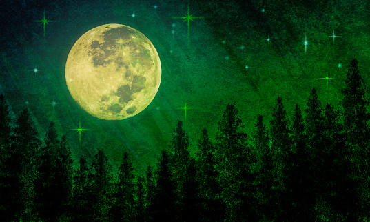 Fantasy Full Moon with an Evergreen Forest and Starry Night Sky - Atmospheric Mood.  Elements of this image are furnished by NASA.