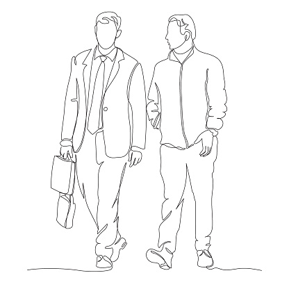 2 men walking and talking. Left man wearing classic suit and tie, carring notebook bag. Continuous line drawing. Black and white vector in line art style
