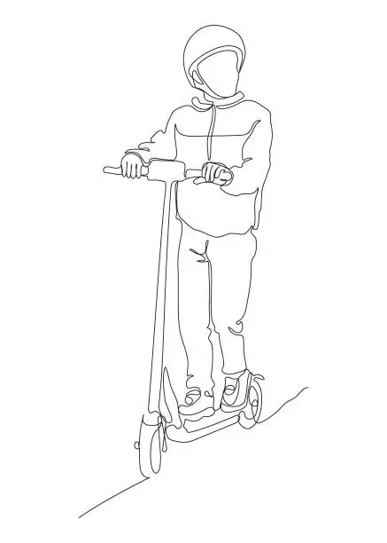 Vector illustration of Boy in helmet riding push scooter. Continuous line drawing. Black and white vector illustration in line art style.