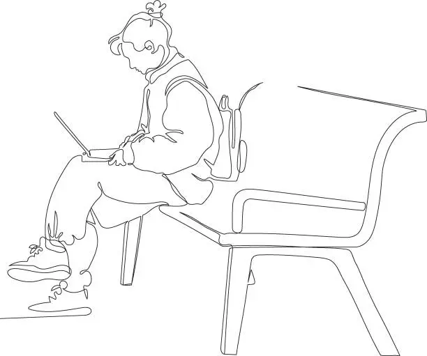 Vector illustration of Woman sitting on park bench and using notebook. Having small backpack. Side view. Continuous line drawing. Black and white vector illustration in line art style.