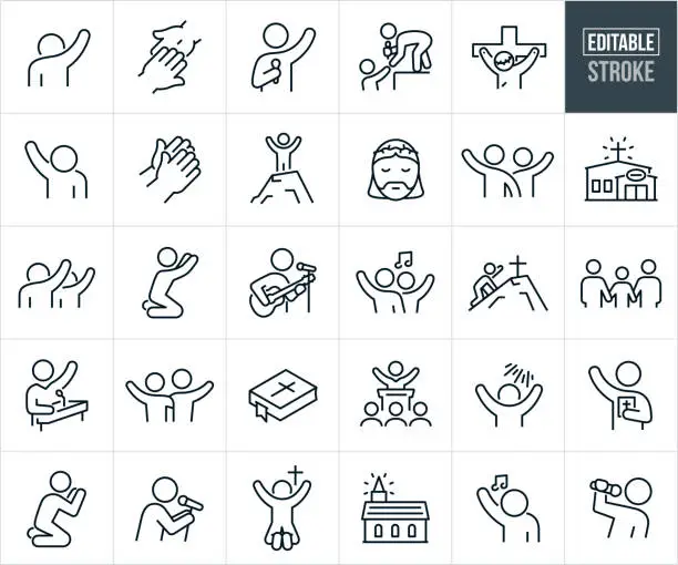 Vector illustration of Praise And Worship Thin Line Icons - Editable Stroke