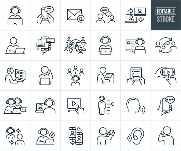Customer Support Thin Line Icons - Editable Stroke A set of customer support icons that include editable strokes or outlines using the EPS vector file. The icons include a customer support representative with headset talking with customer, hands using a smartphone to text customer support, email support, customer representative chatting with customer, CSR using video to communicate with customer, person at computer receiving customer support assistance, hand holding smartphone with customer support chat, global customer support, CSR at laptop with headset speaking with customer, customer support rep having a conversation with a customer from a computer, business person at computer talking to technical support, person using a kiosk, customer taking an online survey to rate customer service experience, online video customer support, two customer support representatives at computers with headsets on, video customer support, rating customer support experience, person speaking as a form of communication, ear listening as a quality of a good customer support representative, customer support efficiency and other related icons. talking on office phone stock illustrations