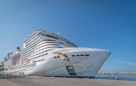 Marseille, France - May 29, 2023: View of the MSC Grandiosa cruise ship, part of the MSC Cruises line, calling at the port of Marseille.