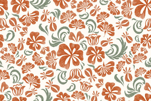 ilustrações, clipart, desenhos animados e ícones de padrão floral étnico sem costura bordado vintage estilo ikat. design de borda de fundo de motivos boho flower para modelo de impressão de tecido. - textile blue leaf paisley