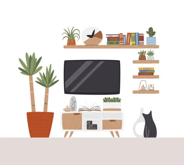 Vector illustration of TV stand and hanging shelves with books, plants