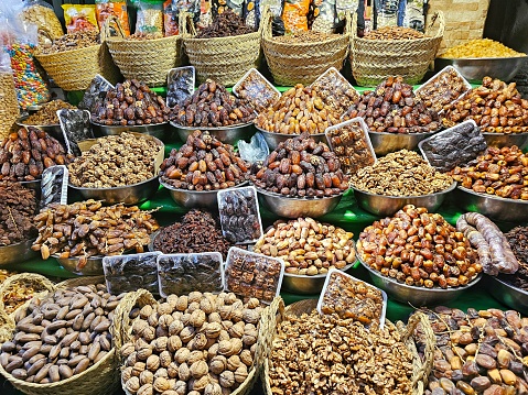 Sale of nuts, sweets and spices at the oriental bazaar