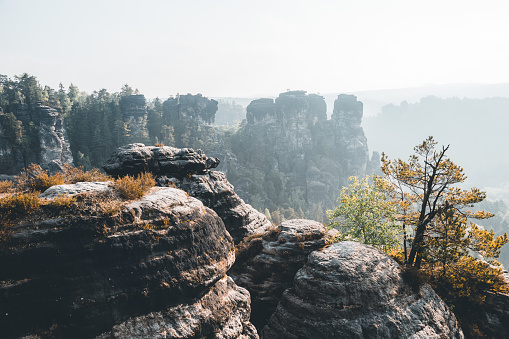 Scenic image of Elbe Sandstone Mountains. Location Saxony Switzerland national park, East Germany, Europe. Popular tourist attraction. Hiking concept. Adventure vacation. Discover the beauty of earth