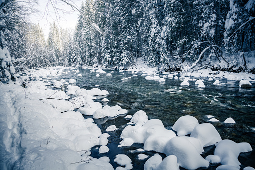 Scenic image of stormy flow. Frozen stones in frosty day. Location Carpathian, Ukraine, Europe. Great picture of wild area. Explore the beauty of earth. Incredible holiday wallpapers. Happy New Year!