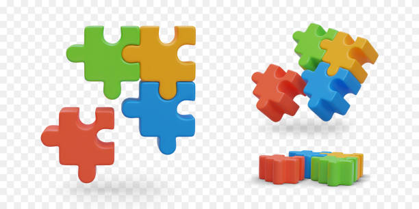 bunte 3d-puzzles in verschiedenen positionen. auswahl des notwendigen elements - jigsaw piece three dimensional three dimensional shape jigsaw puzzle stock-grafiken, -clipart, -cartoons und -symbole