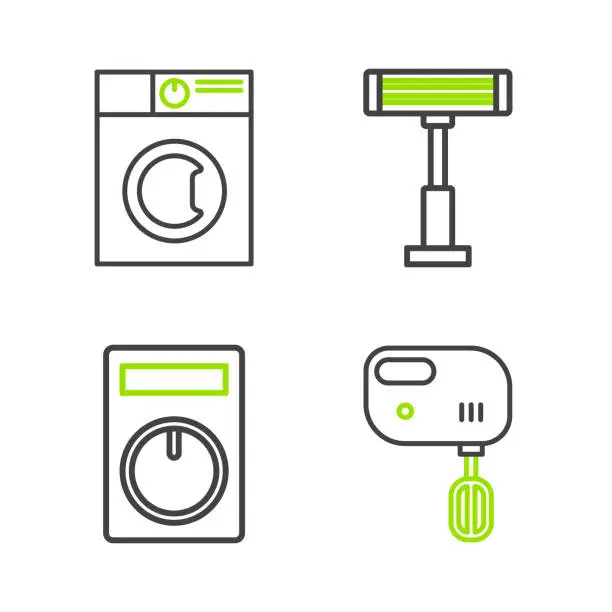 Vector illustration of Set line Electric mixer, Remote control, heater and Washer icon. Vector