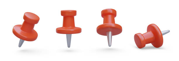istock Set of realistic stationery pins. Red office thumbtack in vertical, horizontal, inclined position 1917505904