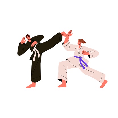 Asian, Chinese martial art. Karate sportsmen training, sparring. Professional kung fu fighter fight, hits competitor. Traditional Japanese sport competition. Flat isolated vector illustration on white.