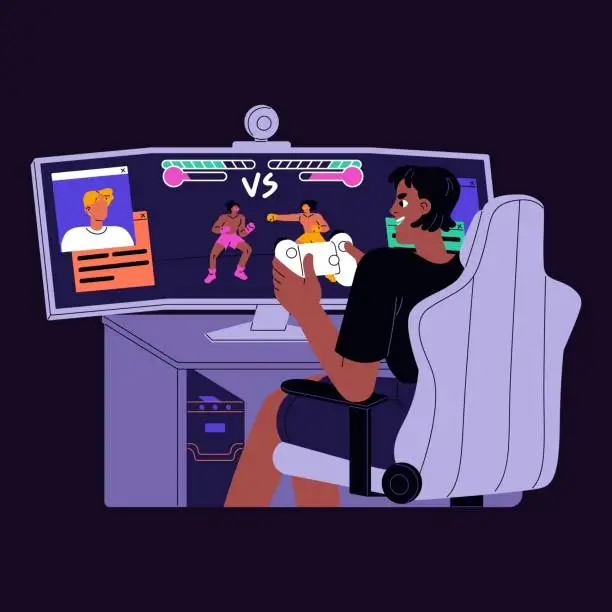 Vector illustration of Gamer plays online video game back view. Excited player with gaming controller sitting on computer chair. Fight in martial combat videogame. Professional cybersport. Flat isolated vector illustration