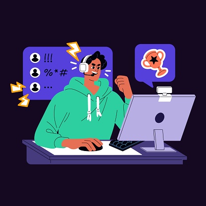 Gamer plays video games online. Computer player in headset wins in videogame. Young man, winner communicates with team in gaming chat. Professional cybersport. Flat isolated vector illustration.