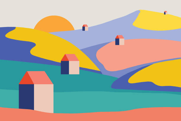 Modern village Illustration of a modern village in Geometric style background place stock illustrations