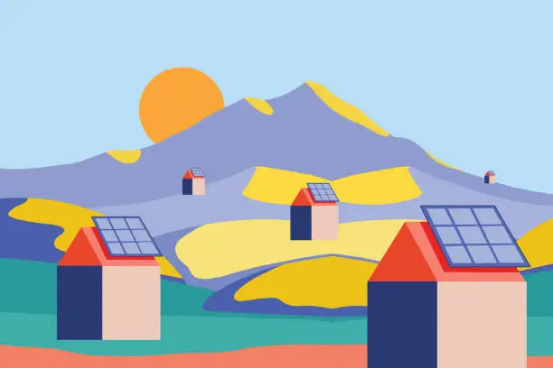 Vector illustration of Sustainable village with solar panels