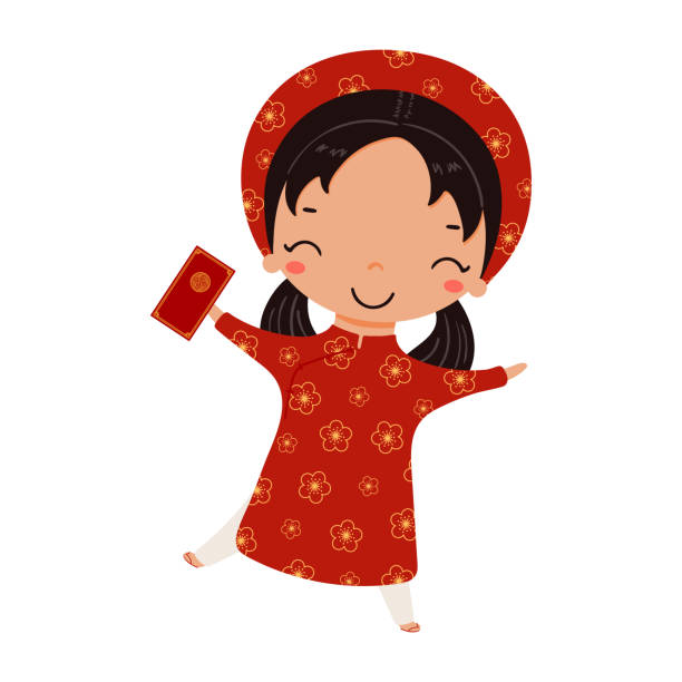 Cute girl in ao dai, holding red envelope character illustration. Cute girl in ao dai, holding red envelope character illustration. Hand drawn cartoon vector illustration. Flat style design. Vietnamese New Year Tet holiday card, poster, banner element ao dai stock illustrations
