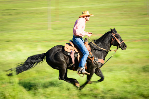 Profile view of a man riding a black horse at a gallop on a hill ranch by the Rocky mountains in Utah.