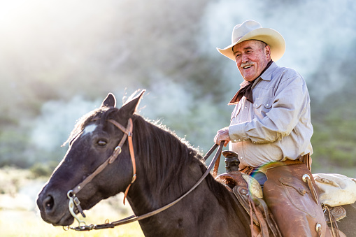 Cheerful senior cowboy on horseback